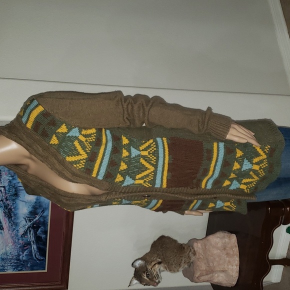 BKE Sweater Womens Large Green Brown Yellow Aztec Cardigan Button Up Buckle m - Picture 2 of 8